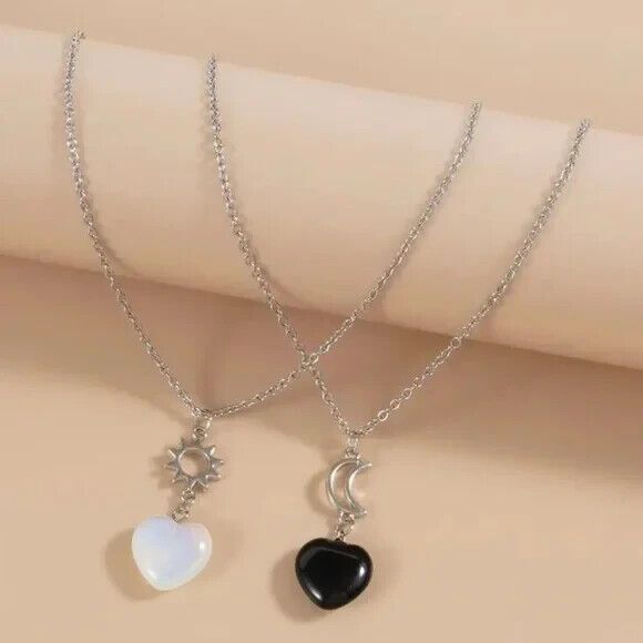 Sun Moon Necklace Heart-Shaped Crystal Adjustable Clavicle Chain 2pcs/Set - Picture 1 of 2